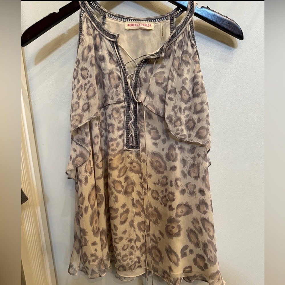 Rebecca Taylor Beige Leopard Print Sleeveless Ruffle Top